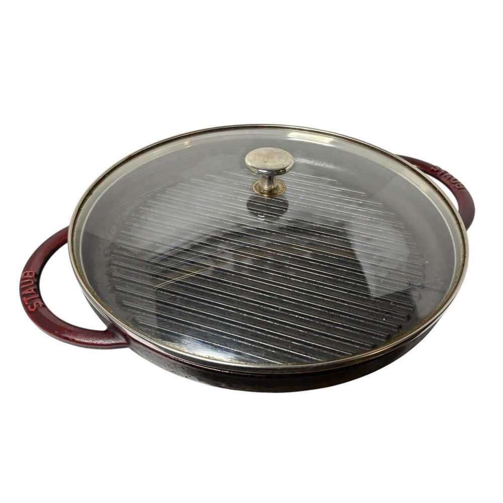 STAUB Cast Iron Round Steam Grill 12” Dark Red Enamel Glass Lid Made In France